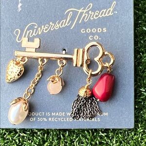 Universal Thread Gold Key Brooch with Red, Pearl and Black Tassel Accents